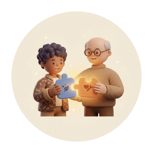 Two people connecting puzzle pieces