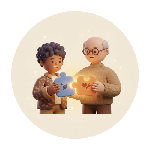 Two people connecting puzzle pieces